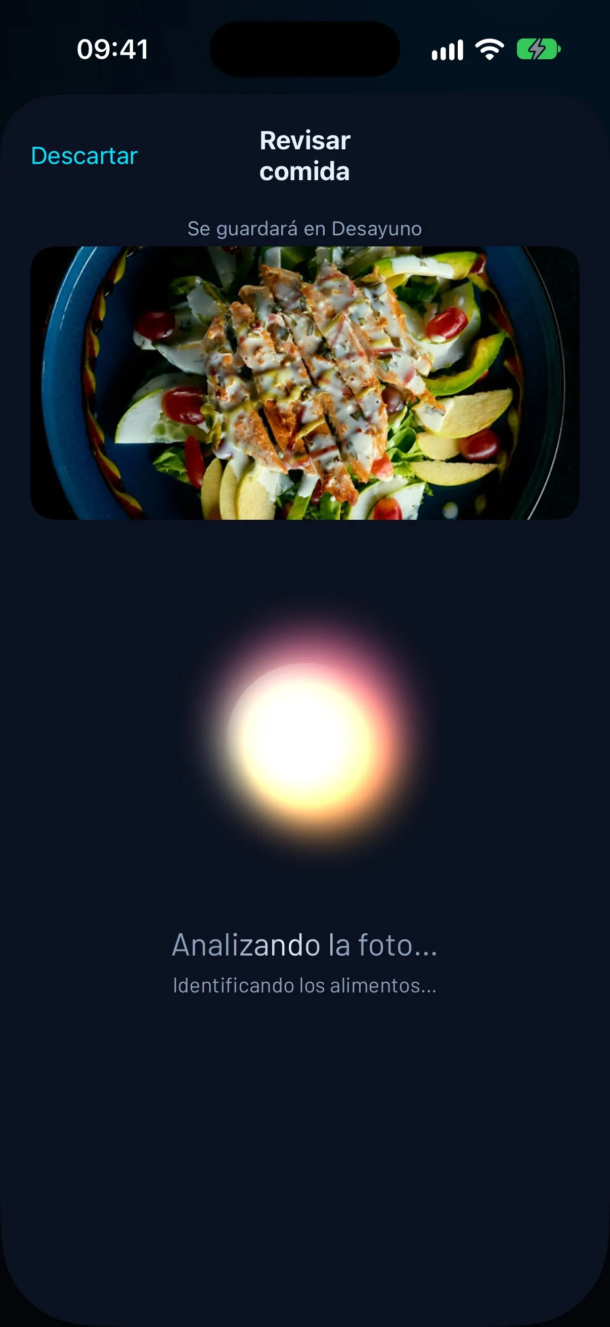 Pantalla de FierFit Gym analizando la foto de una ensalada de pollo: «Identificando los alimentos»