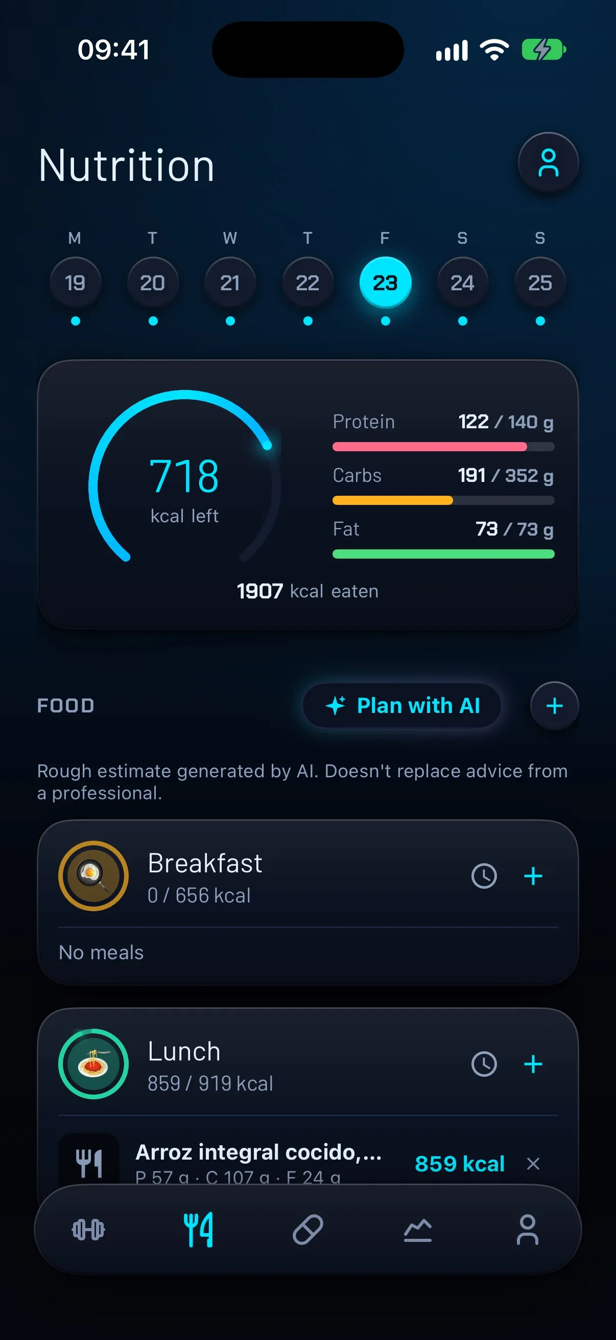 FierFit Gym Nutrition screen showing the calories left for the day and protein, carbs and fat against the target