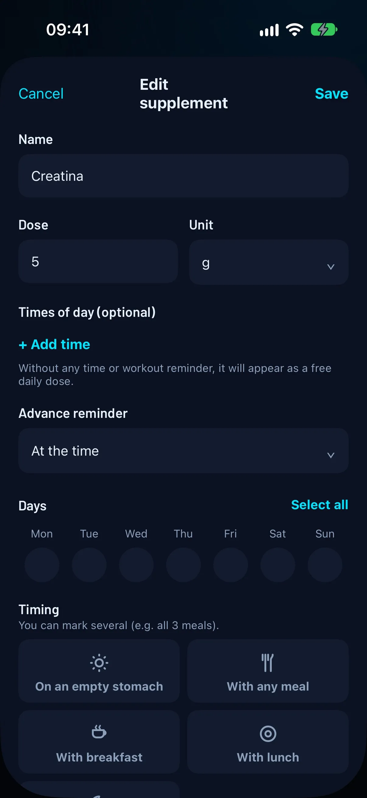 FierFit Gym Edit supplement screen with name, dose, unit, times of day, advance reminder, days and timing