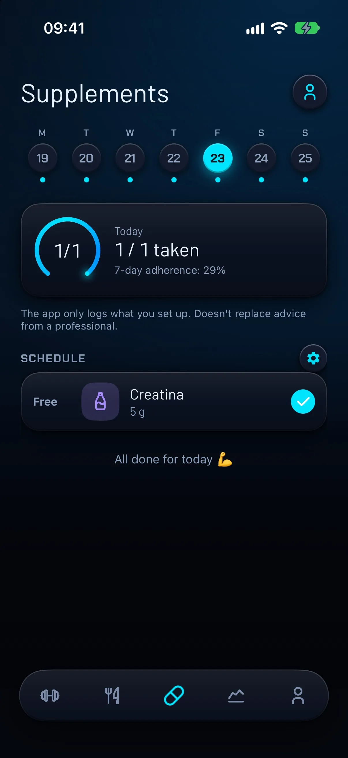 FierFit Gym Supplements screen with the 5 g creatine ticked as taken and “1 / 1 taken”