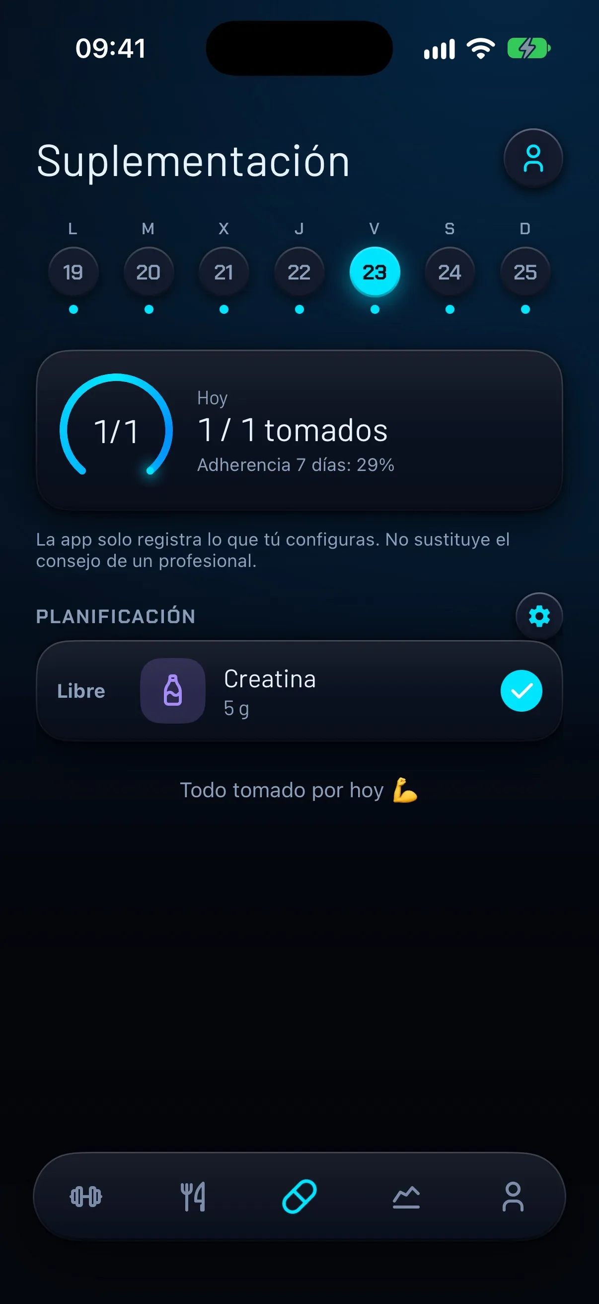 Pantalla Suplementación de FierFit Gym con la creatina de 5 g marcada como tomada y «1 / 1 tomados»