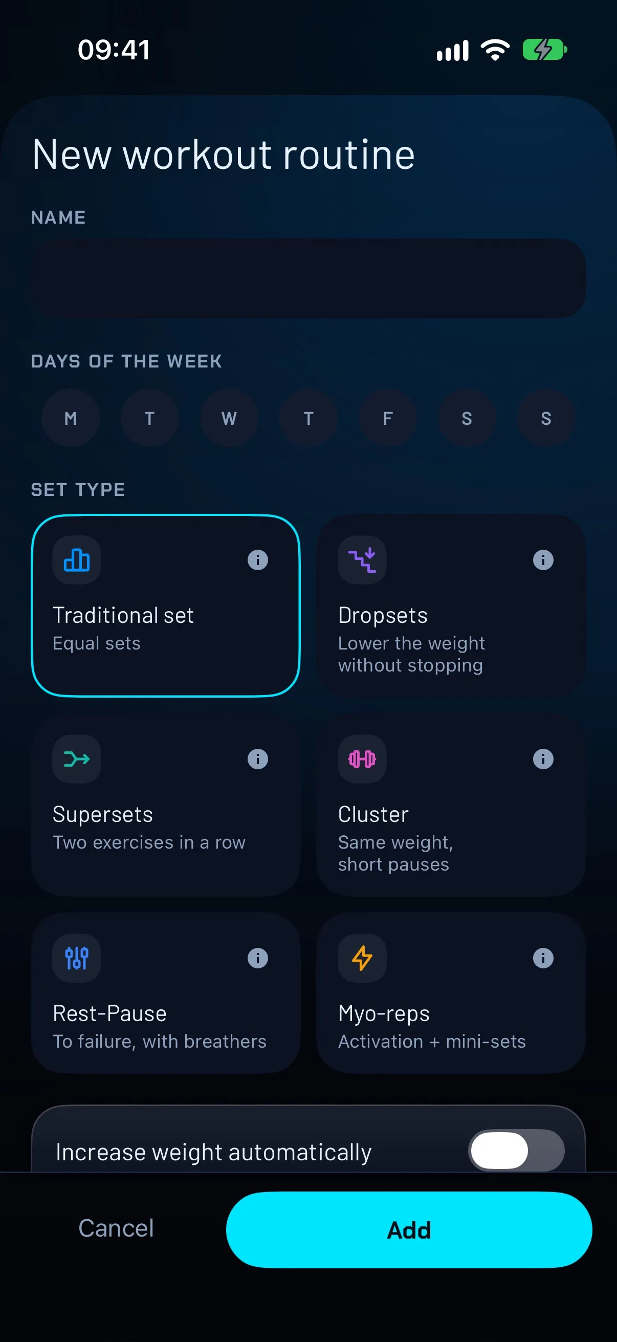 FierFit Gym New workout routine screen with the six set types: traditional set, dropsets, supersets, cluster, rest-pause and myo-reps