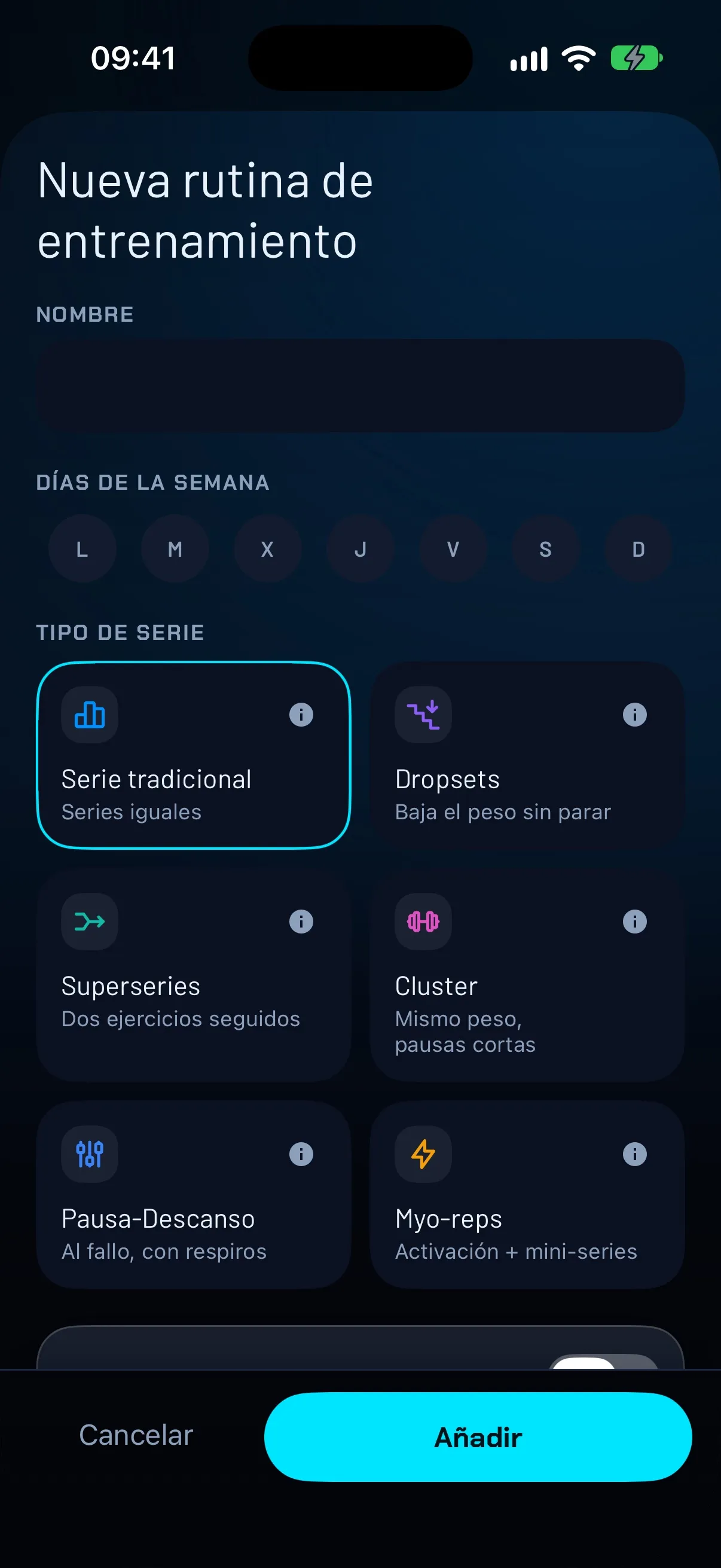 Pantalla Nueva rutina de FierFit Gym con los seis tipos de serie: serie tradicional, dropsets, superseries, cluster, pausa-descanso y myo-reps