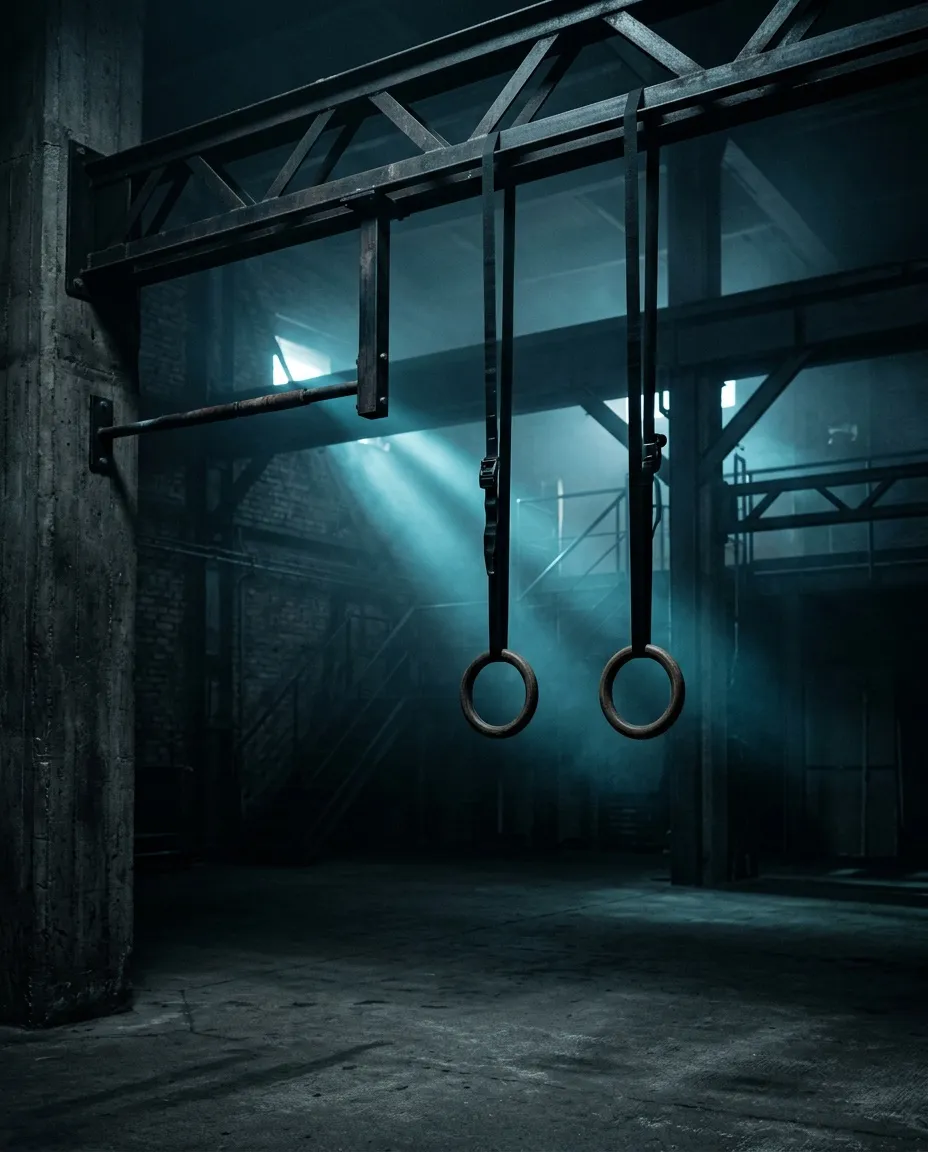 Anillas de gimnasia colgadas en un gimnasio oscuro con luz azulada al fondo
