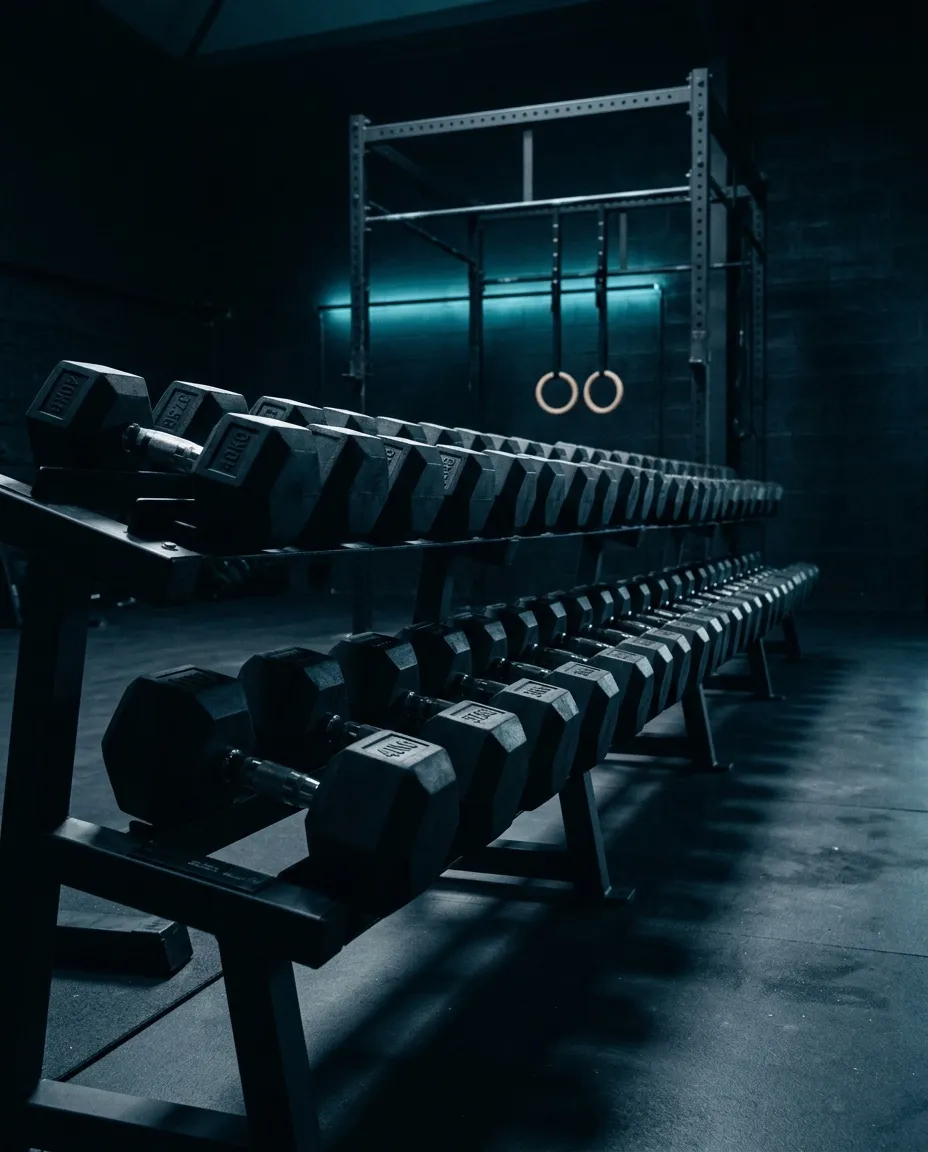 Dos filas de mancuernas en un gimnasio oscuro con anillas al fondo