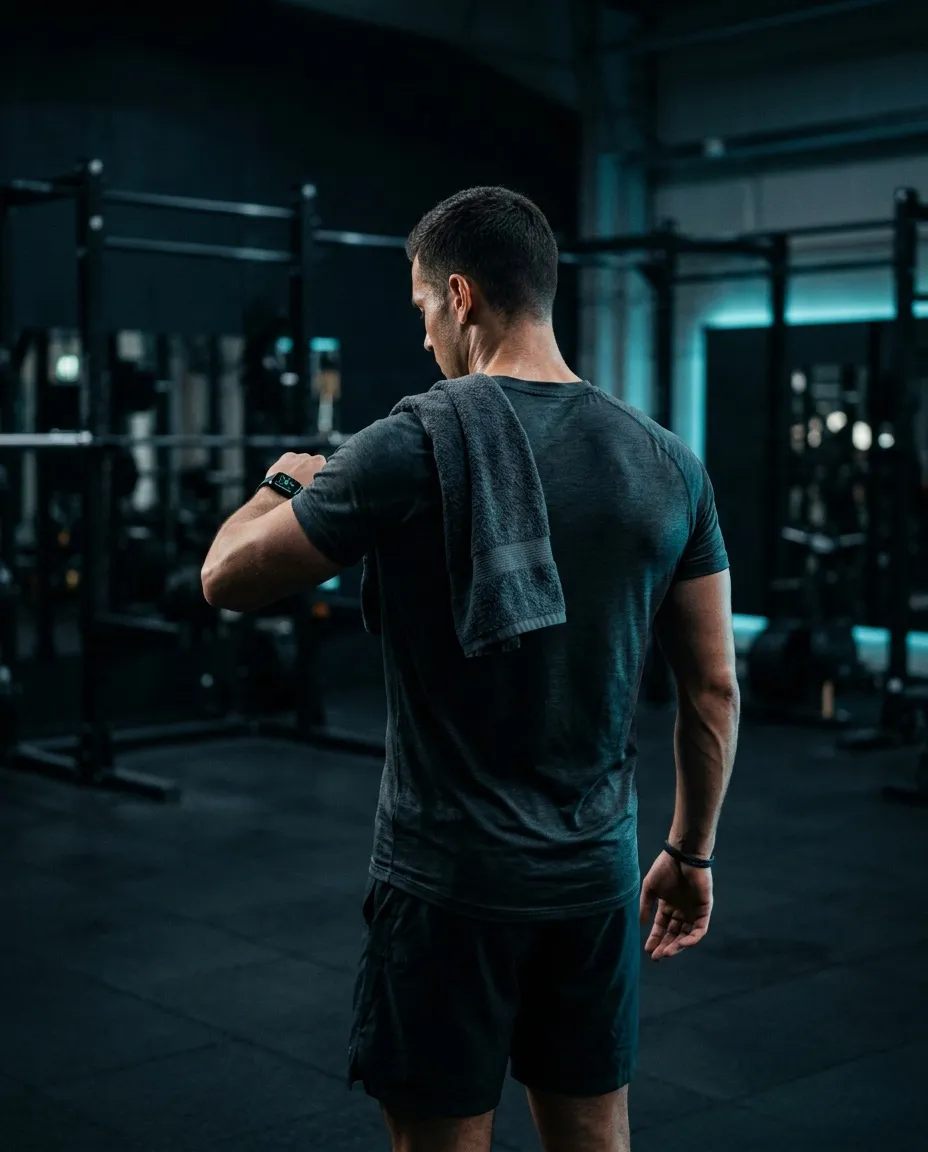 Hombre de espaldas en un gimnasio oscuro mirando su Apple Watch