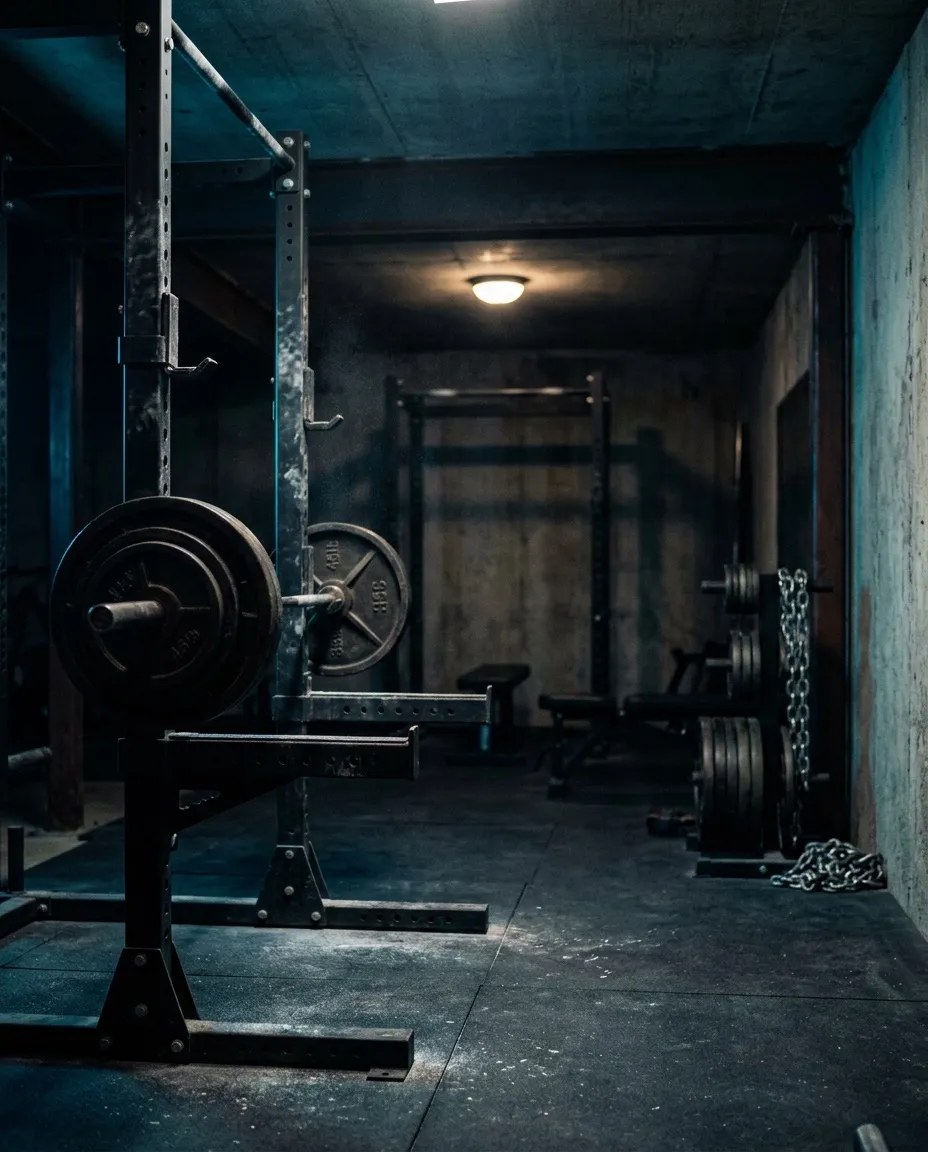Banco y estructura de entrenamiento en un gimnasio oscuro con luz azulada