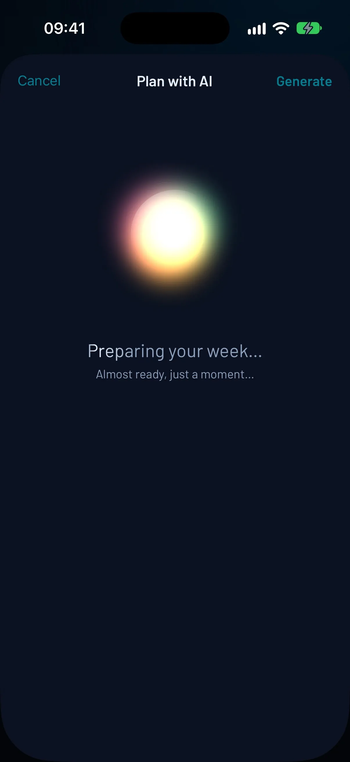 FierFit Gym screen with a colourful glowing orb and the message “Preparing your week…”