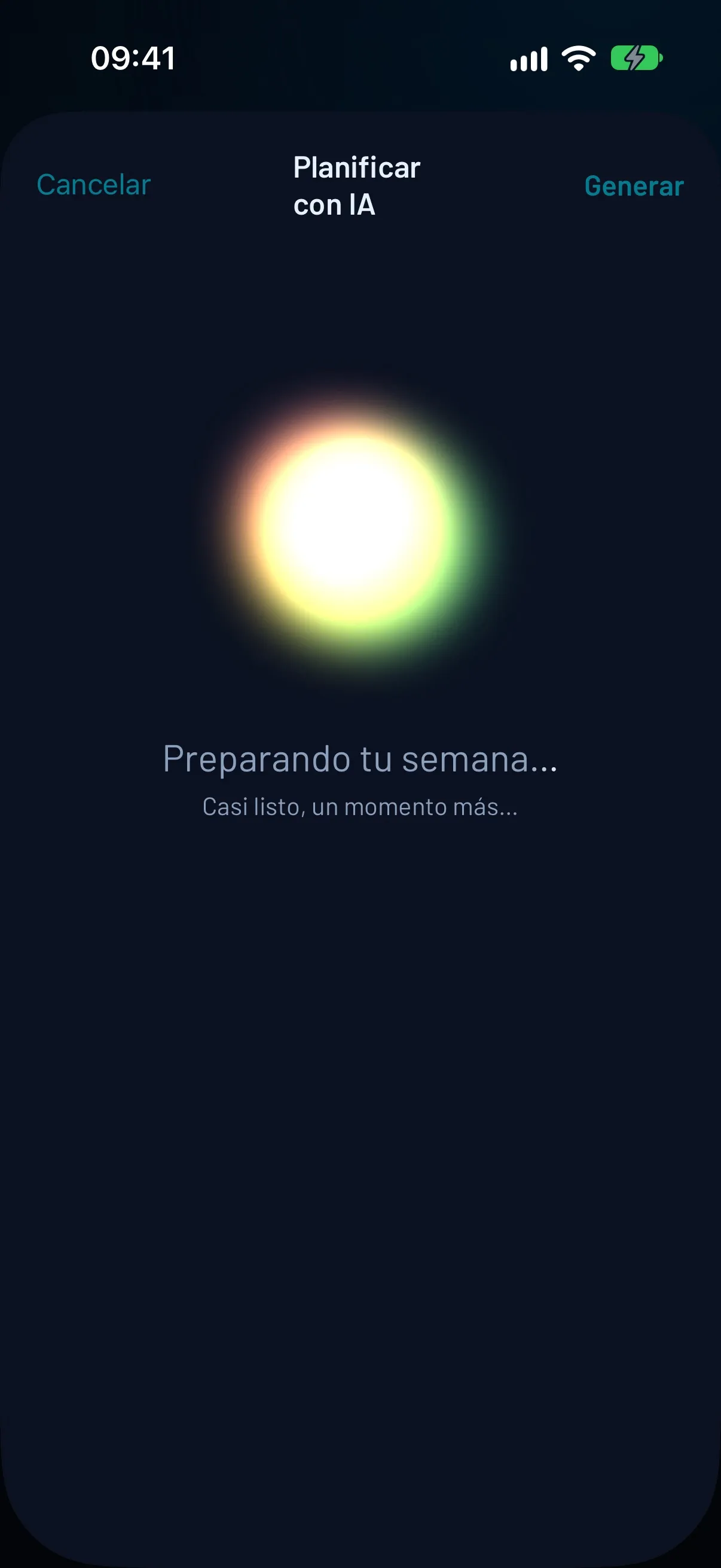 Pantalla de FierFit Gym con una nebulosa de colores y el mensaje «Preparando tu semana…»