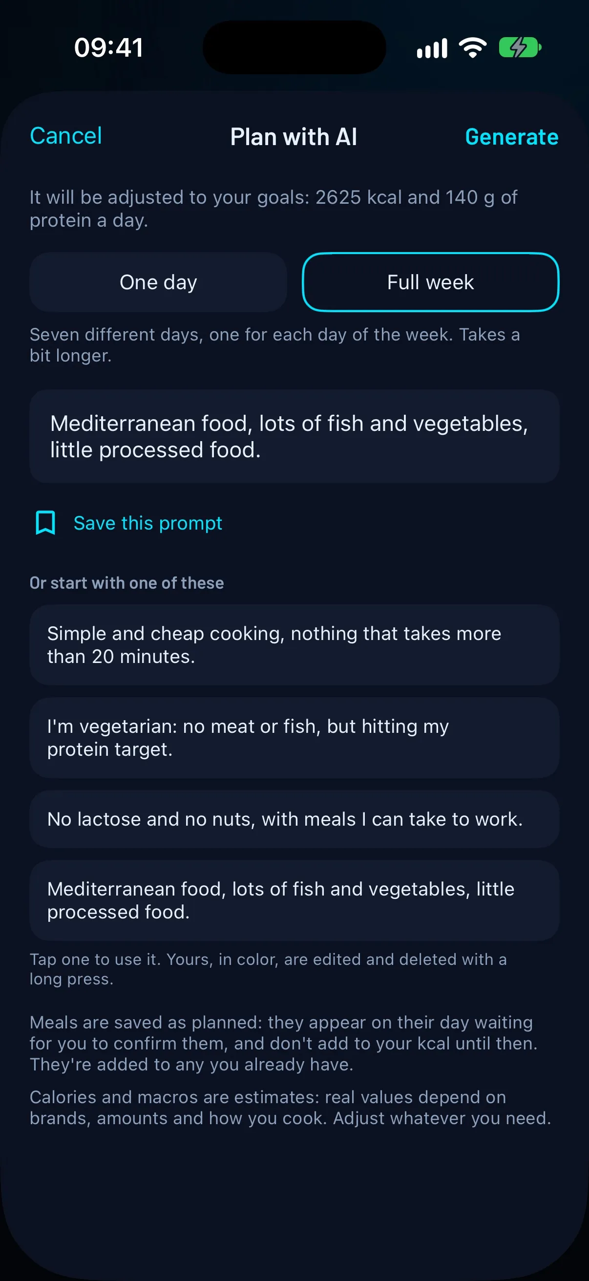 FierFit Gym Plan with AI screen: one day or full week, diet notes and starter examples